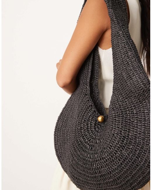 Mango Black Woven Scoop Shoulder Bag With Gold Accent