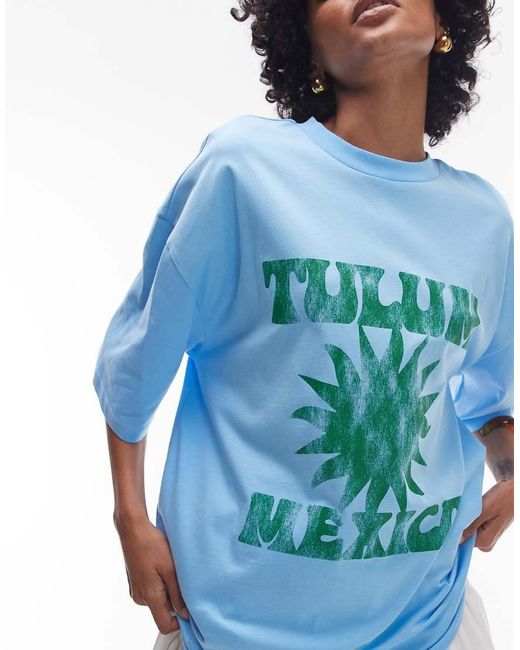 Camiseta Extragrande Con Estampado Gráfico "Tulum" De -Azul TOPSHOP de color Blue