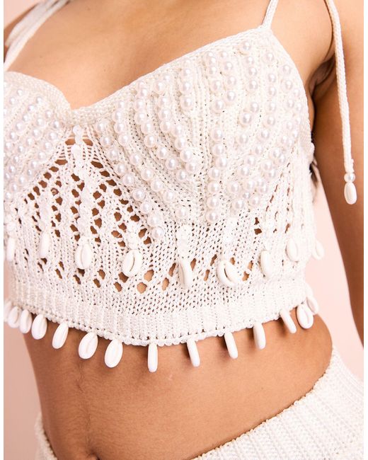 ASOS Natural Pearl Embellished Shell Bust Crochet Beach Top