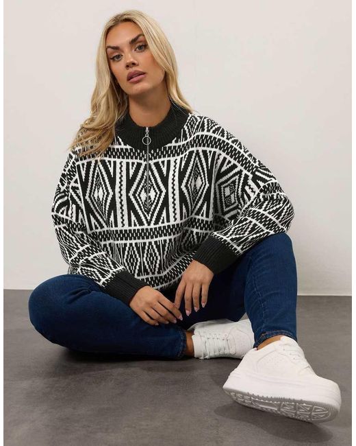 Yours Clothing Gray Fairisle Quarter Zip Jumper