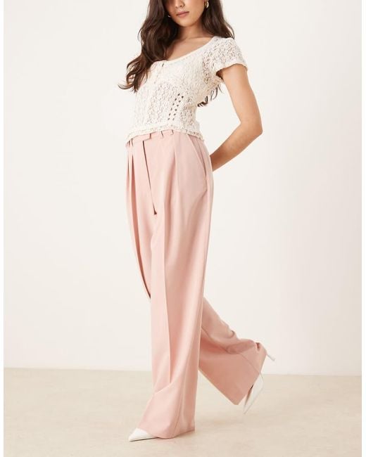 ASOS Natural Tailored Wide Leg Trousers With Pleat Detail