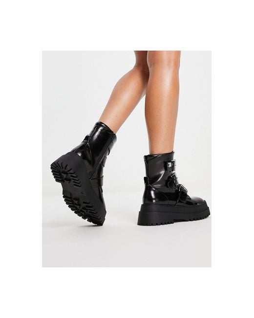 London Rebel Chunky Grunge Boots With Buckles in Black Lyst