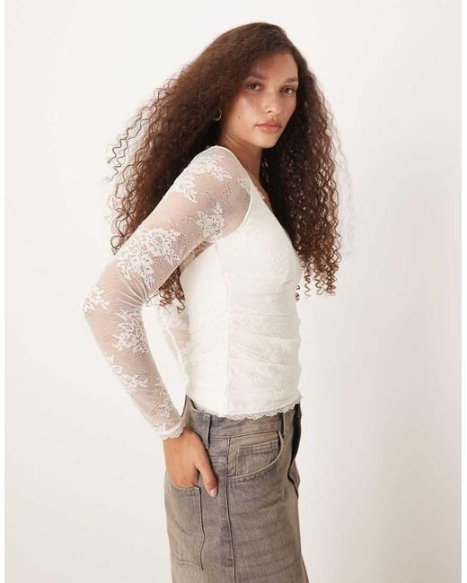 Abercrombie & Fitch White Sweetheart Neckline Lace Long Sleeve Top