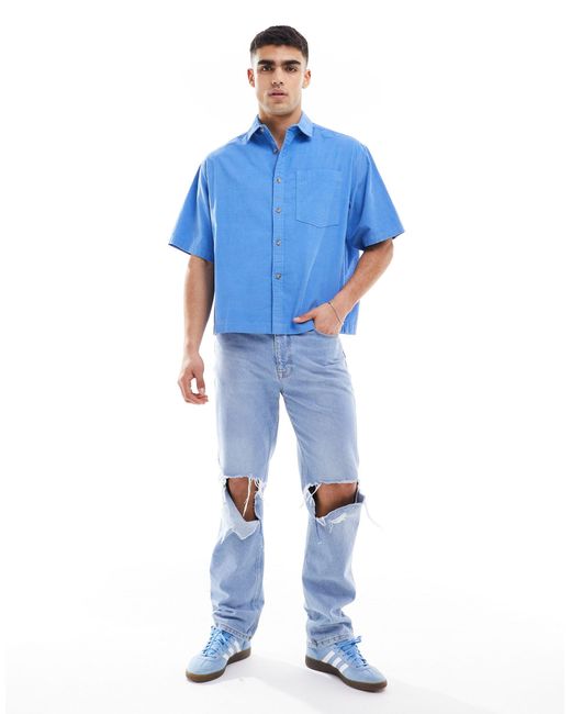 ASOS Blue Short Sleeve Boxy Oversized Cropped Shirt for men