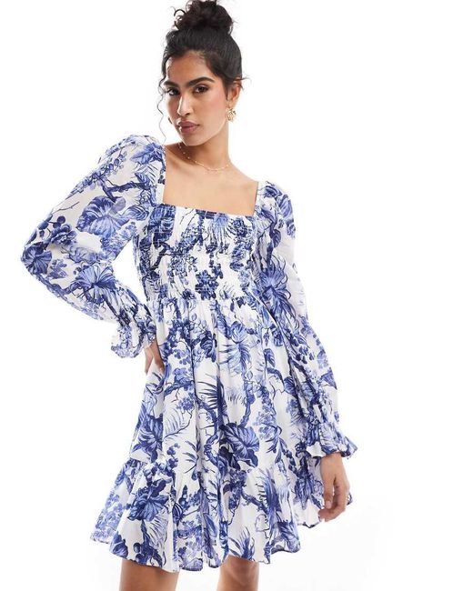 & Other Stories Blue Square Neck Ruche Bodice Mini Dress With Volume Sleeve And Tiered Hem