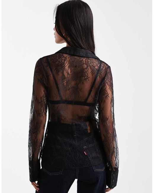 Camisa Negra Entallada De Encaje De Miss Selfridge de color Black