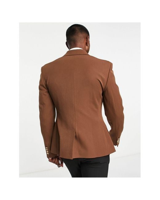 ASOS Wedding Skinny Double Breasted Blazer With Gold Buttons in Brown for  Men | Lyst