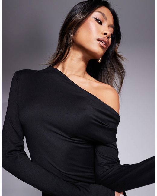 Robe mi-longue froncée sur le côté à manches longues et épaule tombante ASOS en coloris Blue