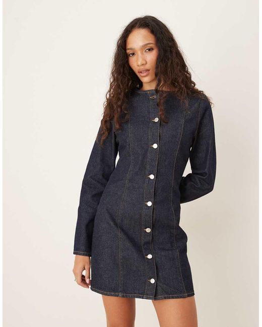 ASOS Blue Denim Mini Long Sleeve Crew Neck Dress