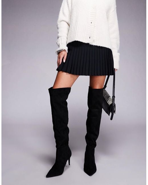 Public Desire Black Public Desire Ellen Wide Fit Pointed Toe Heeled Knee Boots