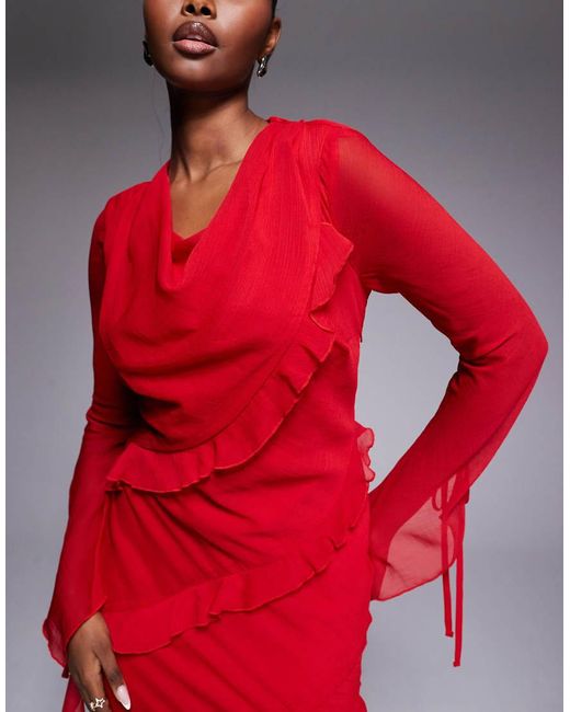 DASKA Red Chiffon High Cowl Neck Ruffle Detail Maxi Dress