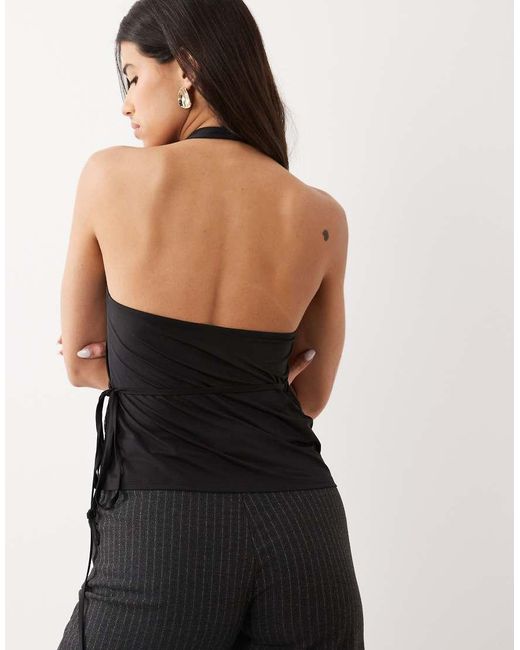 ASOS Black Wrap Around Halter Top With Lace Trim