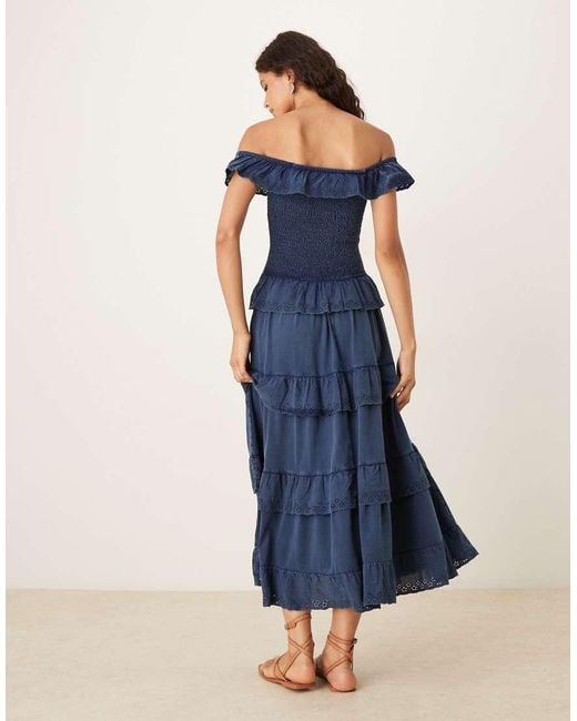 ASOS Blue Premium Shirred Bodice With Ruffle Broderie Detail Maxi Dress
