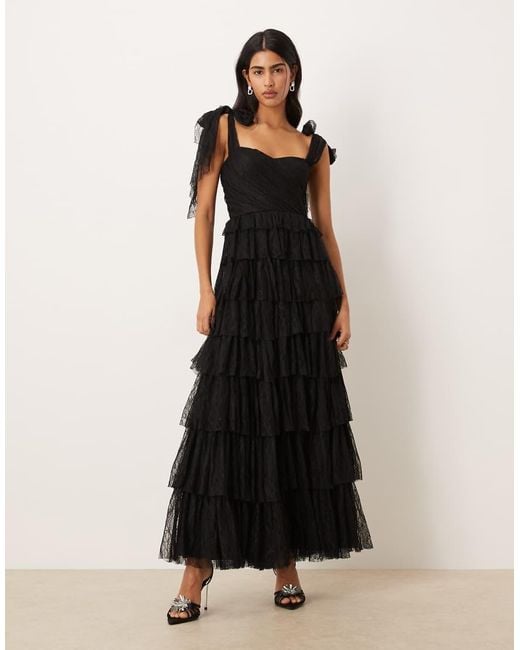 LACE & BEADS Brown Lace Bow Shoulder Tiered Maxi Dress