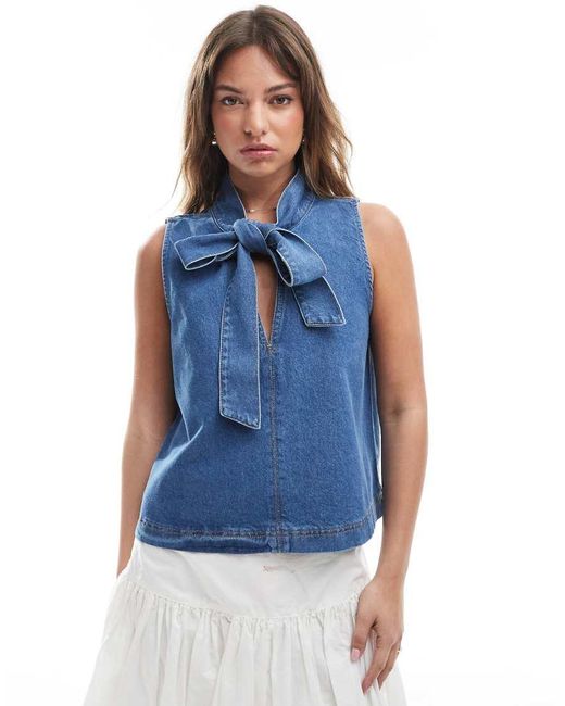 ASOS Blue A-line Denim Top With Bow Tie Neck