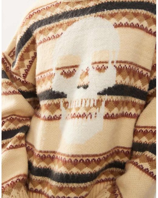 The Ragged Priest Natural Unisex Fair Isle Knitted Stripe Jumper With Skull