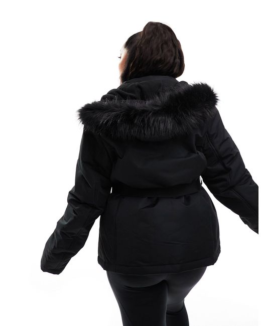 Threadbare Black Plus Ski Belted Coat With Faux Fur Hood