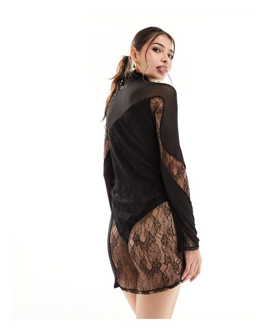 ASOS Black Sheer Mesh Mini Dress With Lace Panels And Bodysuit