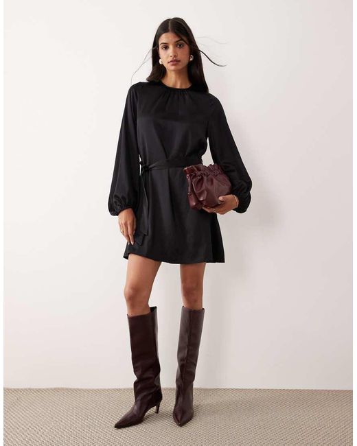 Vila Black Balloon Sleeve Satin Tie Waist Mini Dress