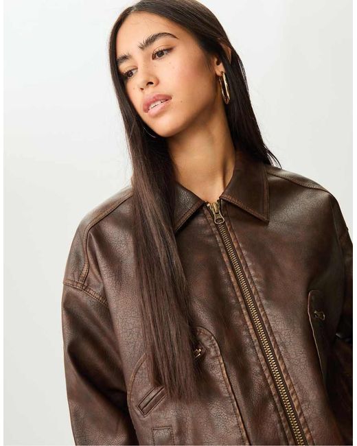 Stradivarius Black Leather Effect Jacket With Pockets