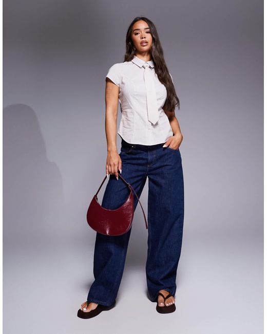 ASOS Gray Cinched Cap Sleeve Shirt With Tie Detail