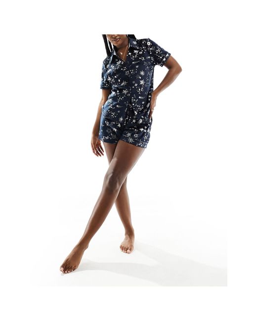 Chelsea Peers Blue Premium Velvet Camp Collar Top And Short Pajama Set With Shooting Star Silver Foil Print