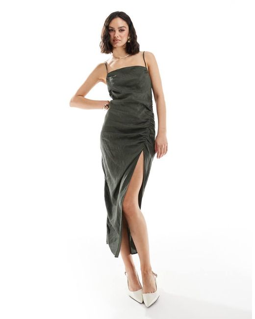 Mango Metallic Linen Ruched Side Cami Midi Dress