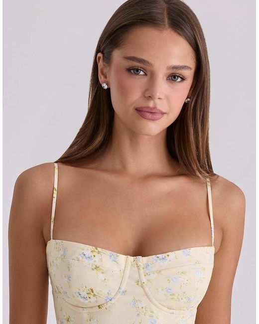 House Of Cb Natural Samaria Lemon Floral Print Cotton Corset Mini Dress