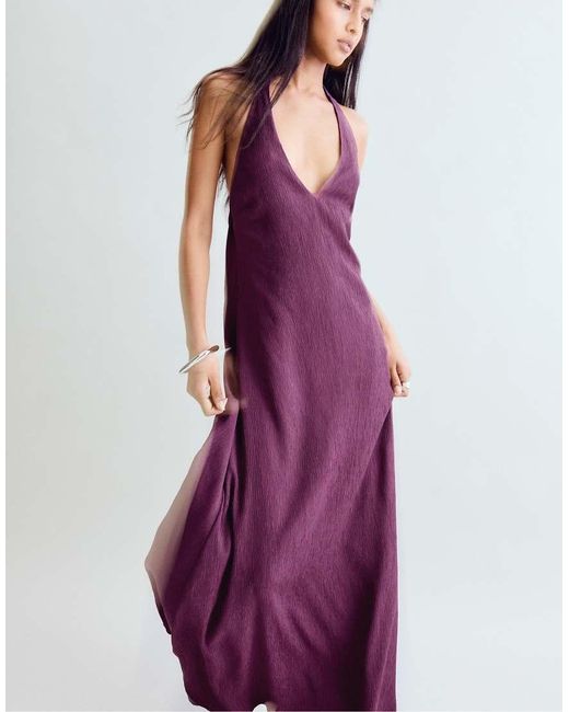 Stradivarius Purple Textured Halter Midi Dress