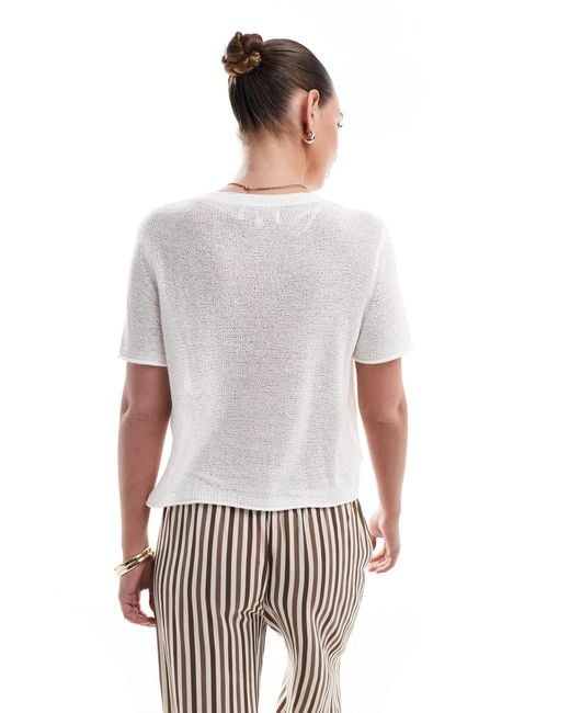 ONLY White – leichtes t-shirt aus offenmaschigem strick