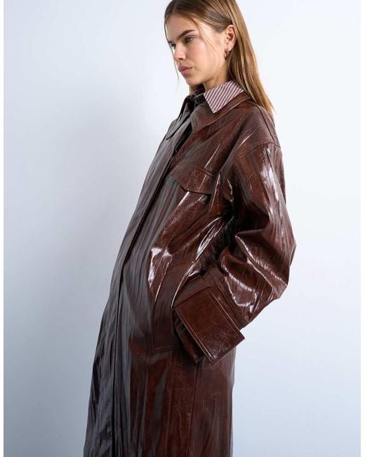 TOPSHOP Brown Faux Leather High Shine Trench Coat