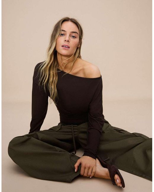 Bershka Black Asymmetric Neck Long-Sleeved T-Shirt