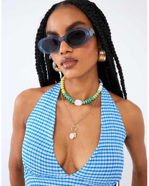 River Island Blue Gingham Halter Neck Top