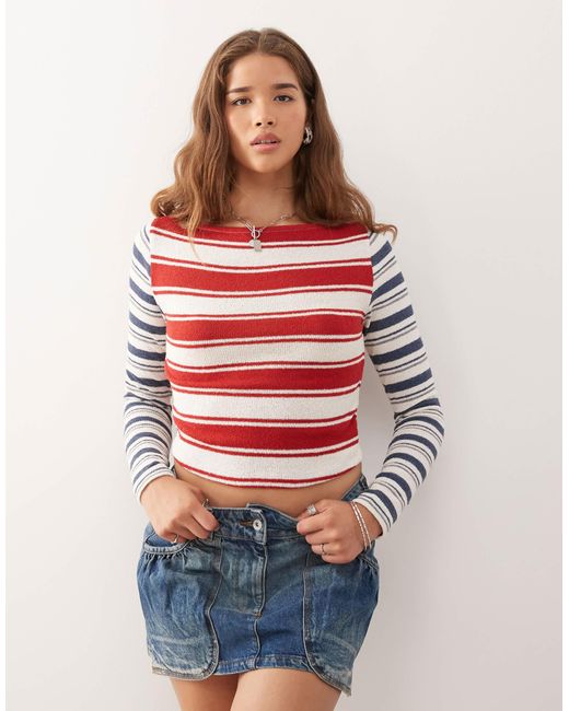 Top à manches longues en maille douce avec rayures effet raccordé Reclaimed (vintage) en coloris Red