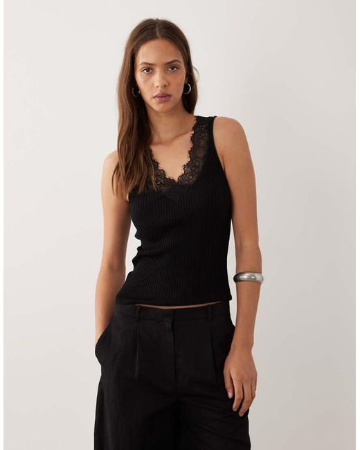 Mango Natural Sleeveless Top With Lace Trim