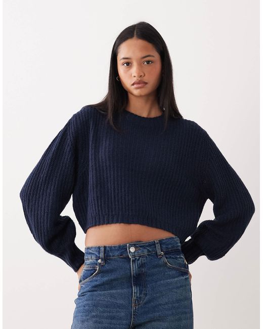Threadbare Blue – gerippter cropped-pullover aus strick