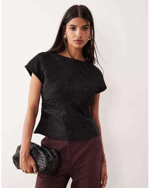 Aware Black Structured Pleated Boat Neck Top