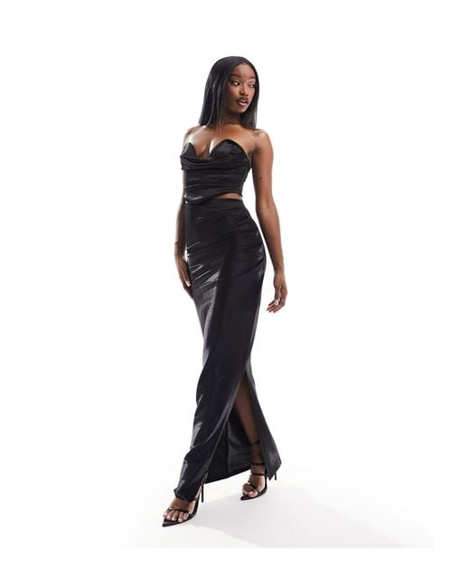 ASOS Black Ruched Side Satin Twill Maxi Skirt