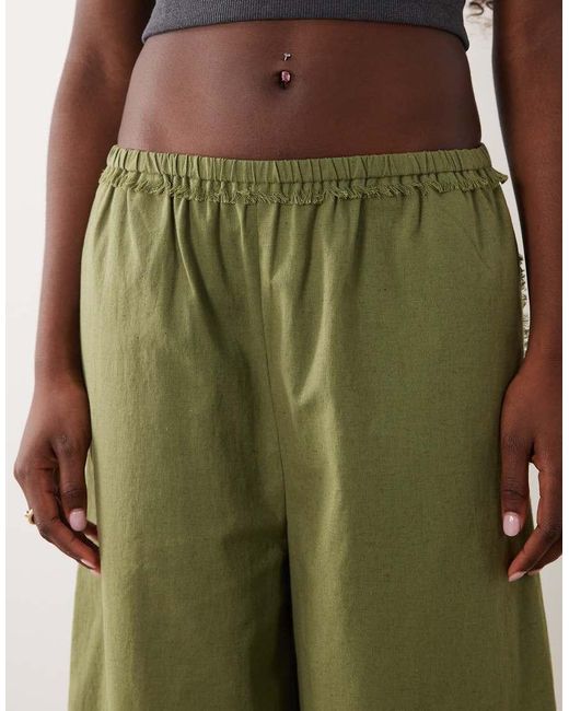 ASOS Green Linen Blend Pull On Barrel Leg Trousers With Raw Seam Detail