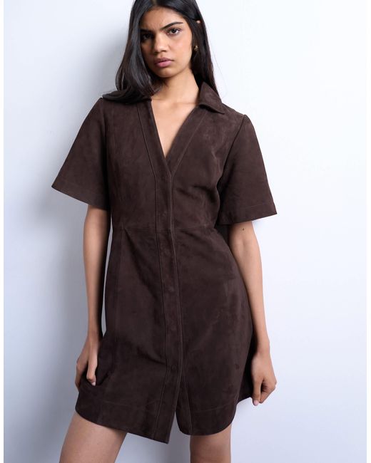 TOPSHOP Brown – mini-hemdkleid aus echtem wildleder