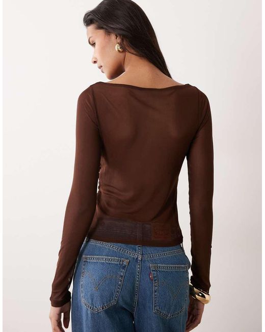 ASOS Brown Mesh Drape Boat Neck Long Sleeve Top