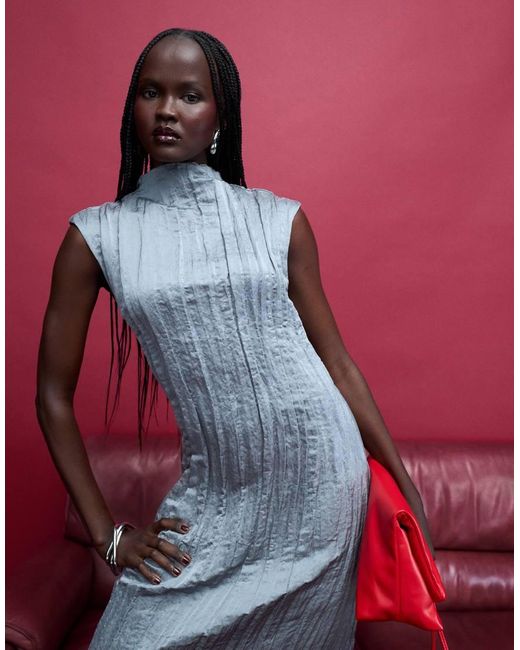 & Other Stories Gray Midi Crinkle Dress With Side Slit