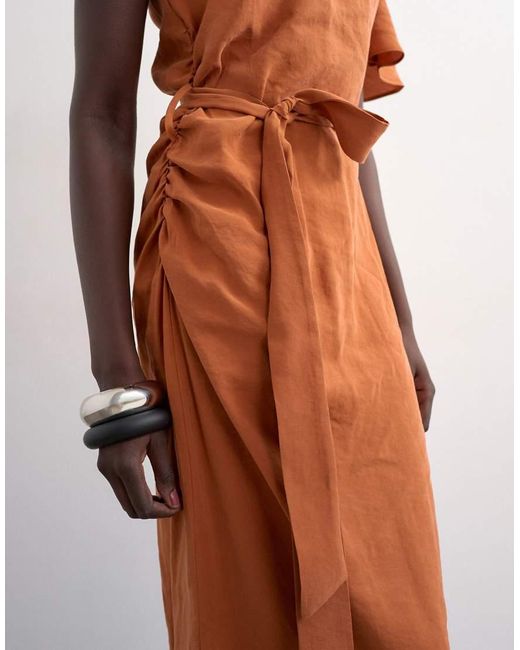 TOPSHOP Orange Asym Sleeve Tie Waist Cupro Maxi Dress