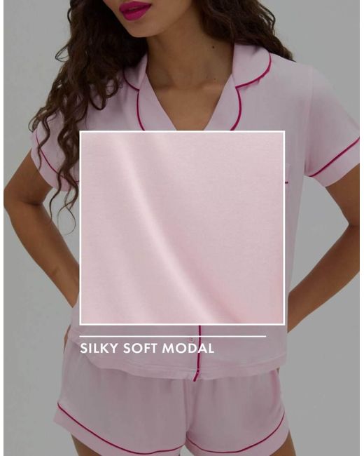 Boux Avenue Pink Soft Modal Short Pyjama Set With Contrast Piping Detail