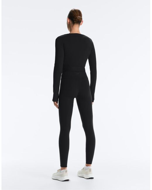 Oysho Black Heavy Rib Cotton Blend Wrap Top With Tie