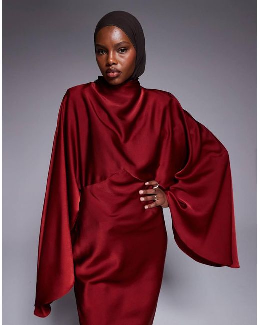 ASOS Red Funnel Neck Satin Maxi Dress With exaggerated Sleeves