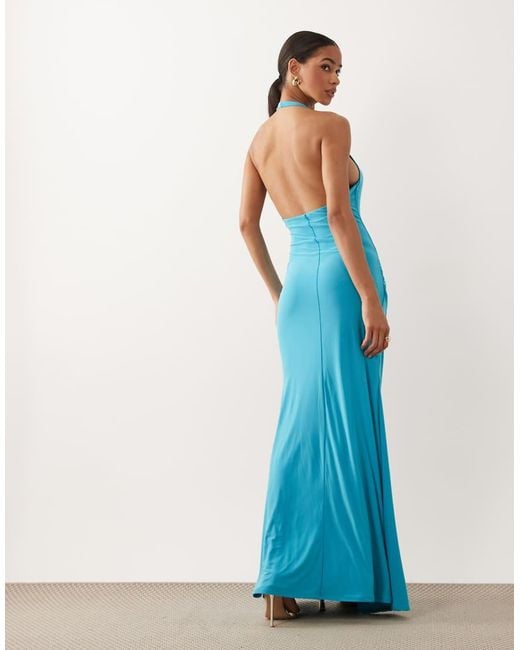 ASOS Blue High Neck Slinky Maxi Dress With Draped Metal Hardware