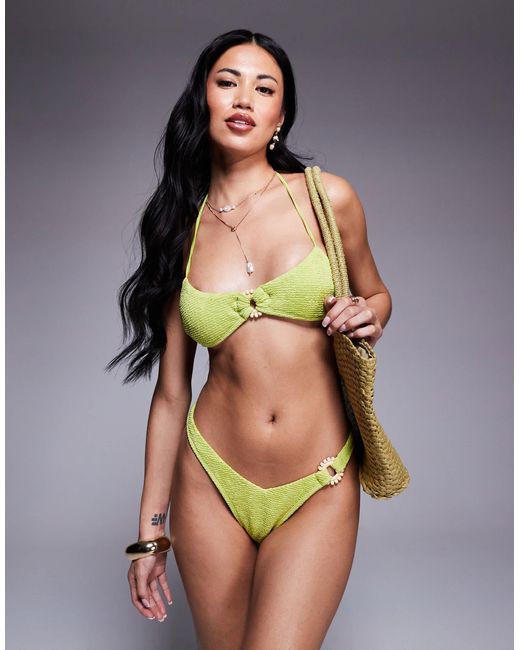 ASOS Green Bella Textured Halter Scoop Bikini Top With Beaded Ring Detail