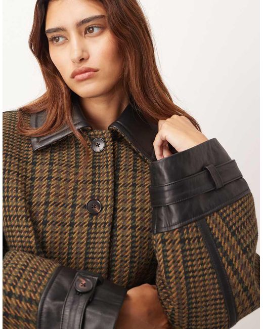 ARRANGE Brown Houndstooth Brushed Wool Blend Coat With Leather Detail