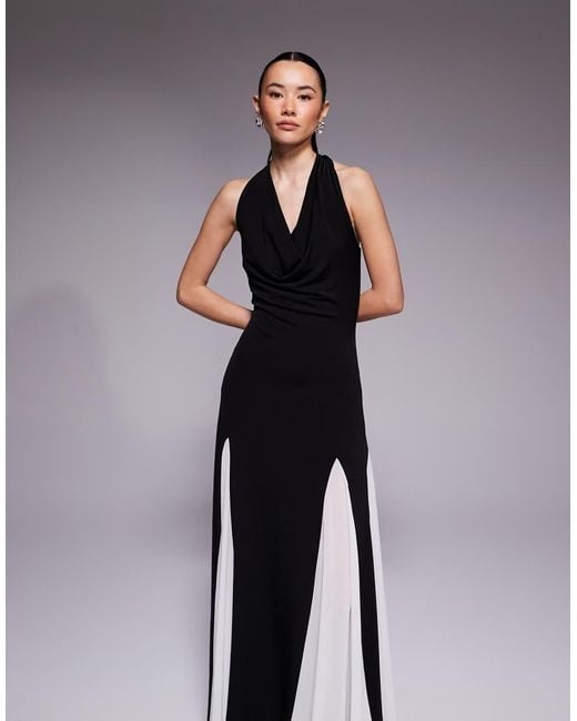 TFNC London Black Halter Neck Chiffon Contrast Godet Maxi Dress